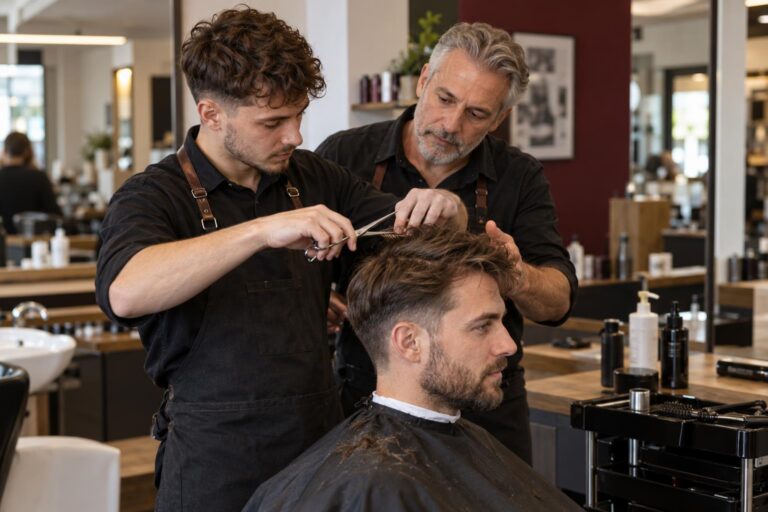Ein erfahrener Friseurmeister begleitet einen jüngeren Kollegen bei einem Haarschnitt. KI-generiertes Symbolbild.