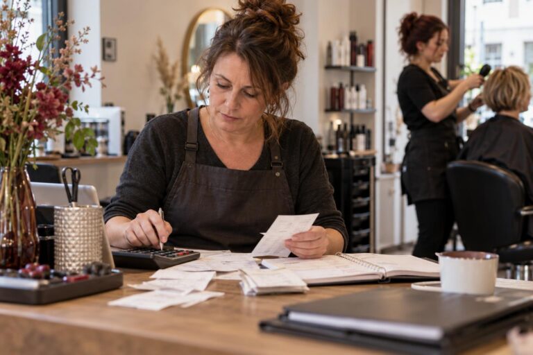 Eine Saloninhaberin prüft Belege und kalkuliert am Tisch ihres kleinen Salons. KI-generiertes Symbolbild.