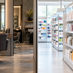 Friseursalon links und Drogerieregal mit Haarpflegeprodukten rechts