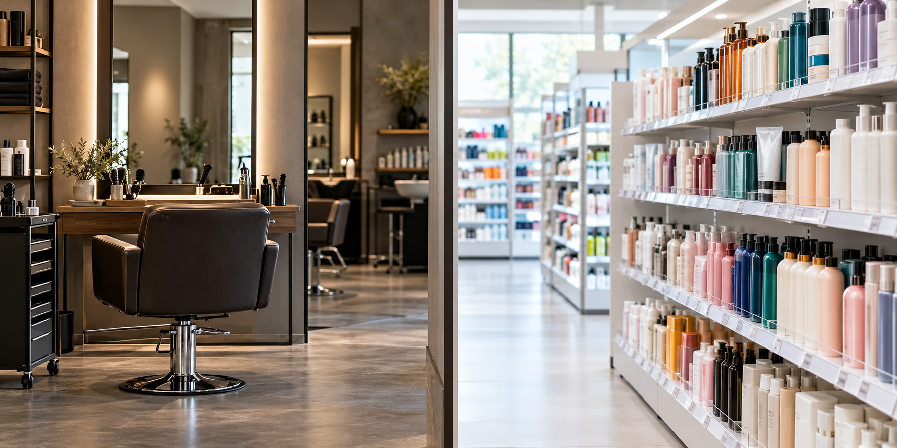 Friseursalon links und Drogerieregal mit Haarpflegeprodukten rechts