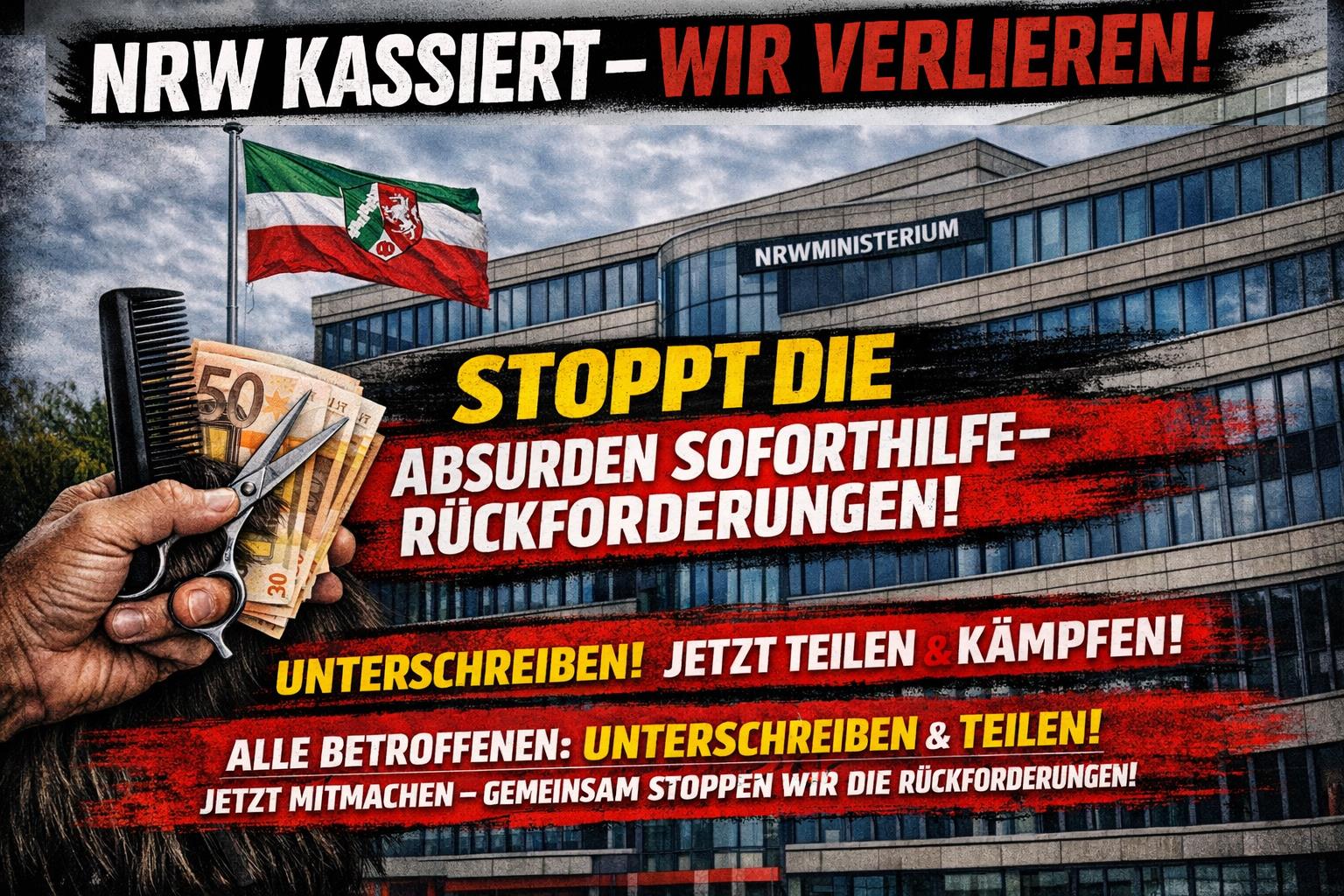 Aufrufmotiv zur NRW-Petition gegen Rückforderungen der Corona-Soforthilfen, mit Schere, Kamm und Petitionsforderung.