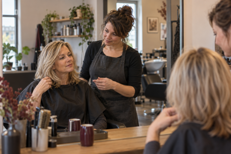 Eine Friseurin berät eine Kundin persönlich vor dem Spiegel im Salon.