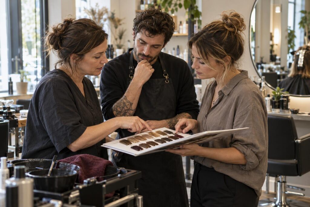 Drei Friseurfachkräfte besprechen gemeinsam ein Farbmusterbuch am Arbeitsplatz im Salon.