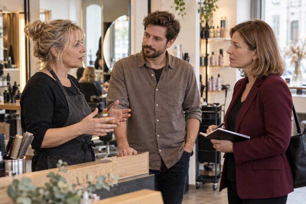 Eine Saloninhaberin und ein Friseur sprechen mit einer Besucherin über ihren Arbeitsalltag. KI-generiertes Symbolbild.