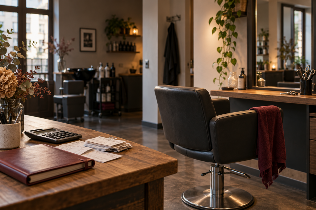 Leerer Friseurstuhl im Salon; auf dem Tisch liegen ein Terminbuch, Belege und ein Taschenrechner.