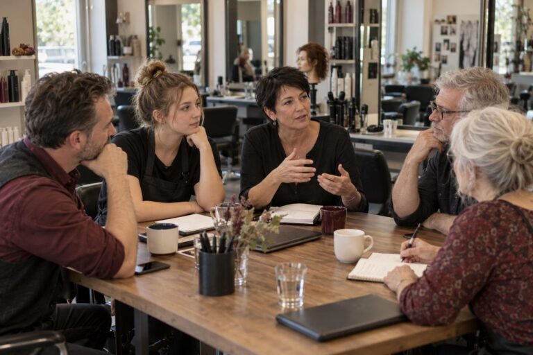 Fünf Menschen unterschiedlicher Generationen diskutieren an einem Tisch in einem Friseur-Schulungsraum. KI-generiertes Symbolbild.