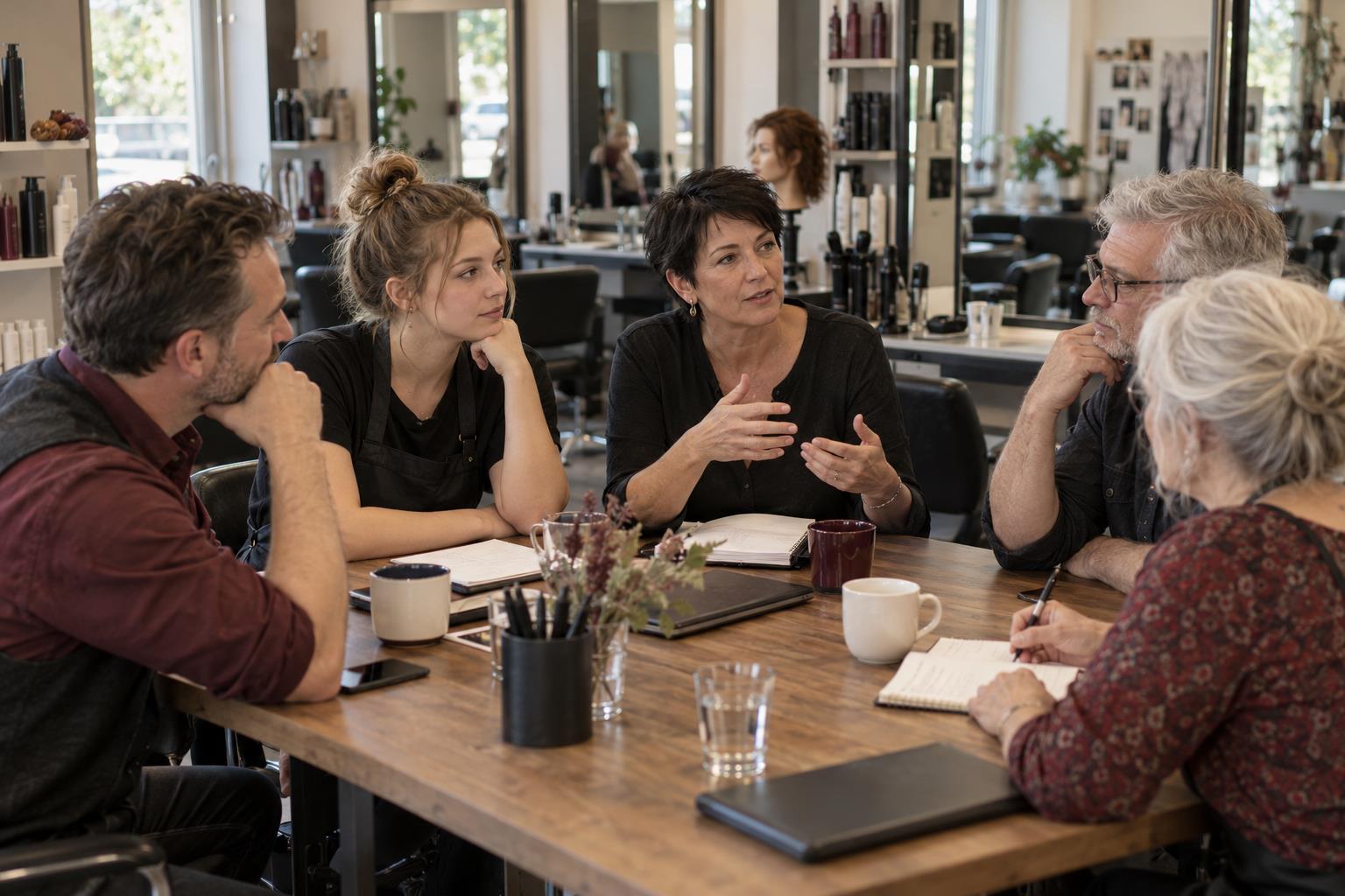 Fünf Menschen unterschiedlicher Generationen diskutieren an einem Tisch in einem Friseur-Schulungsraum. KI-generiertes Symbolbild.
